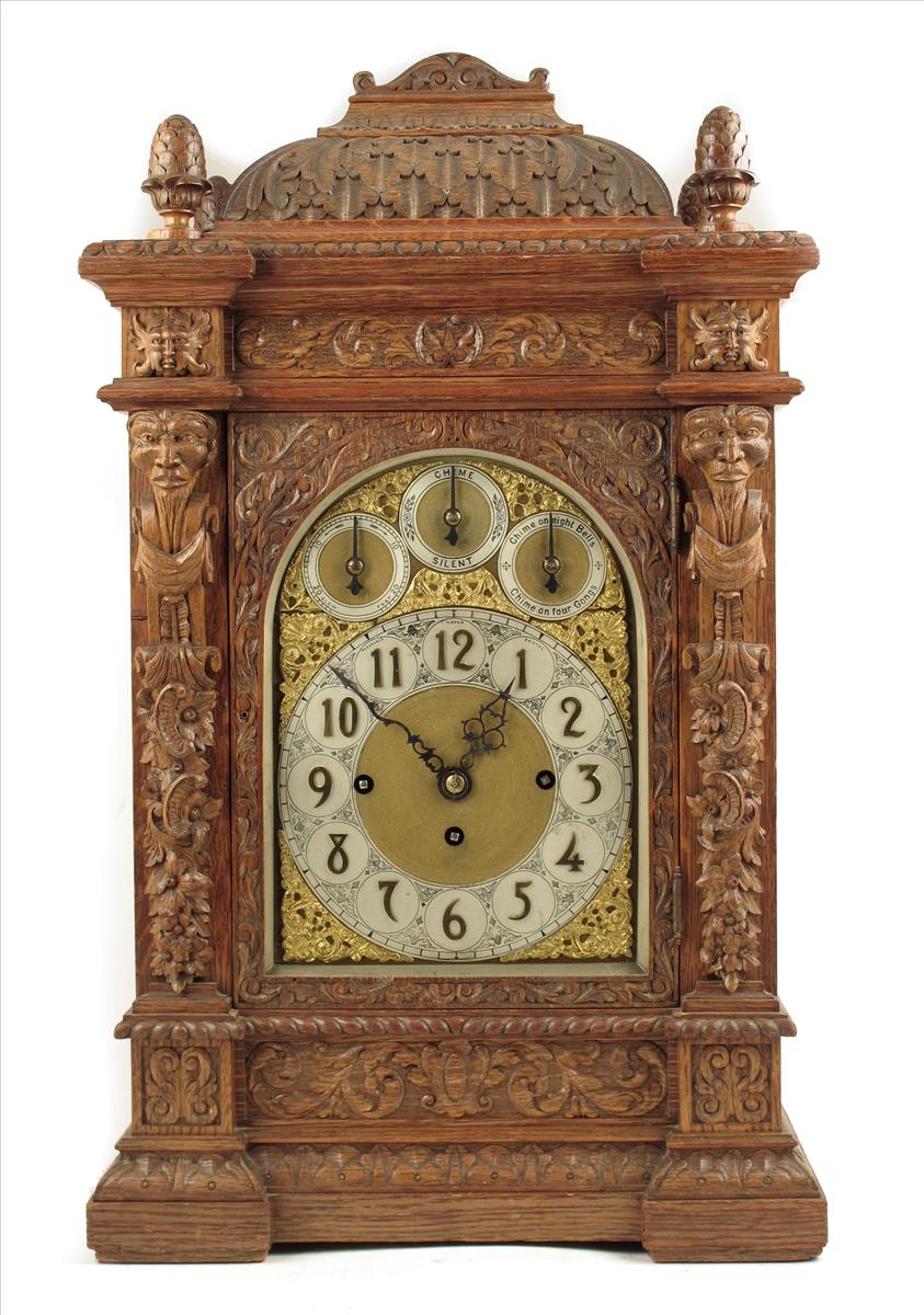 An oak quarter chiming bracket clock, silvered chapter ring signed Pleasance Harper, Bristol, the