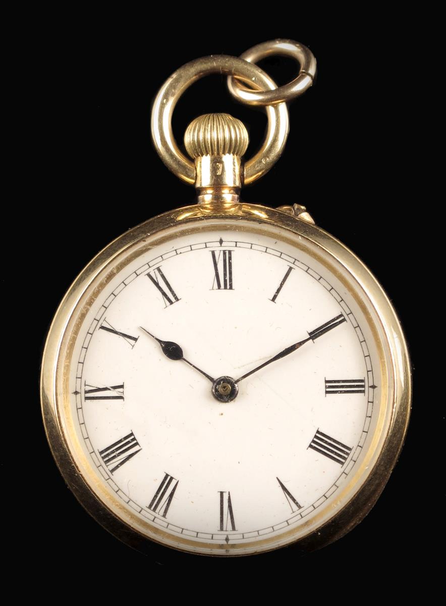 A Swiss 18k gold keyless lever lady`s watch, white enamel dial, spotted movement in a monogrammed