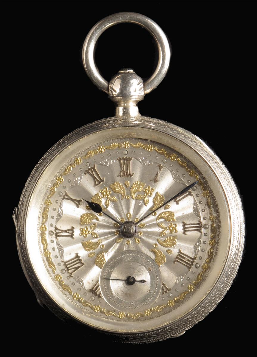 A silver lever watch, signed Adam Burdess, Coventry, no. 24156, gilt cap, silver dial with raised