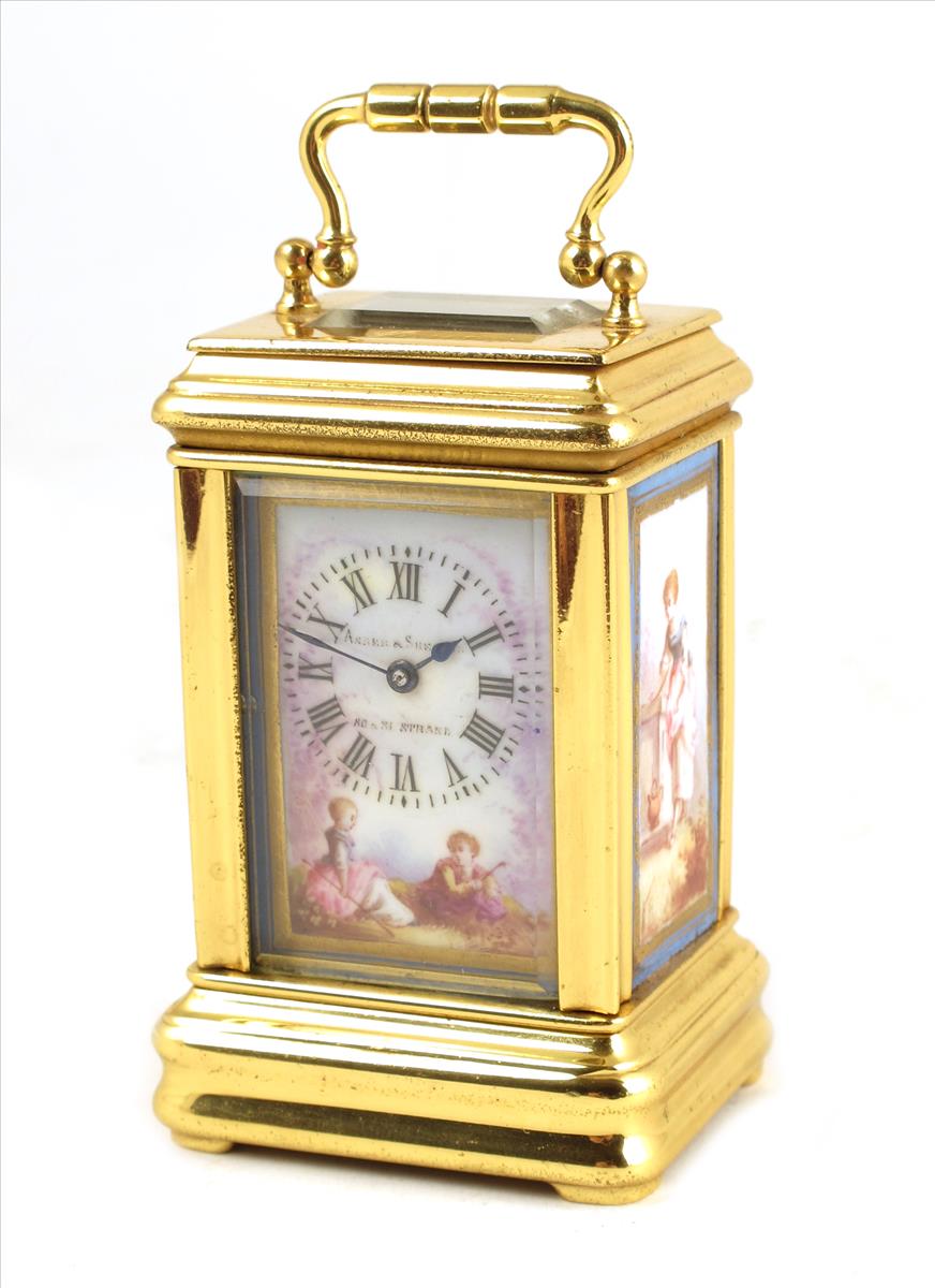 A miniature porcelain panelled carriage timepiece, cylinder platform, movement numbered 378, the