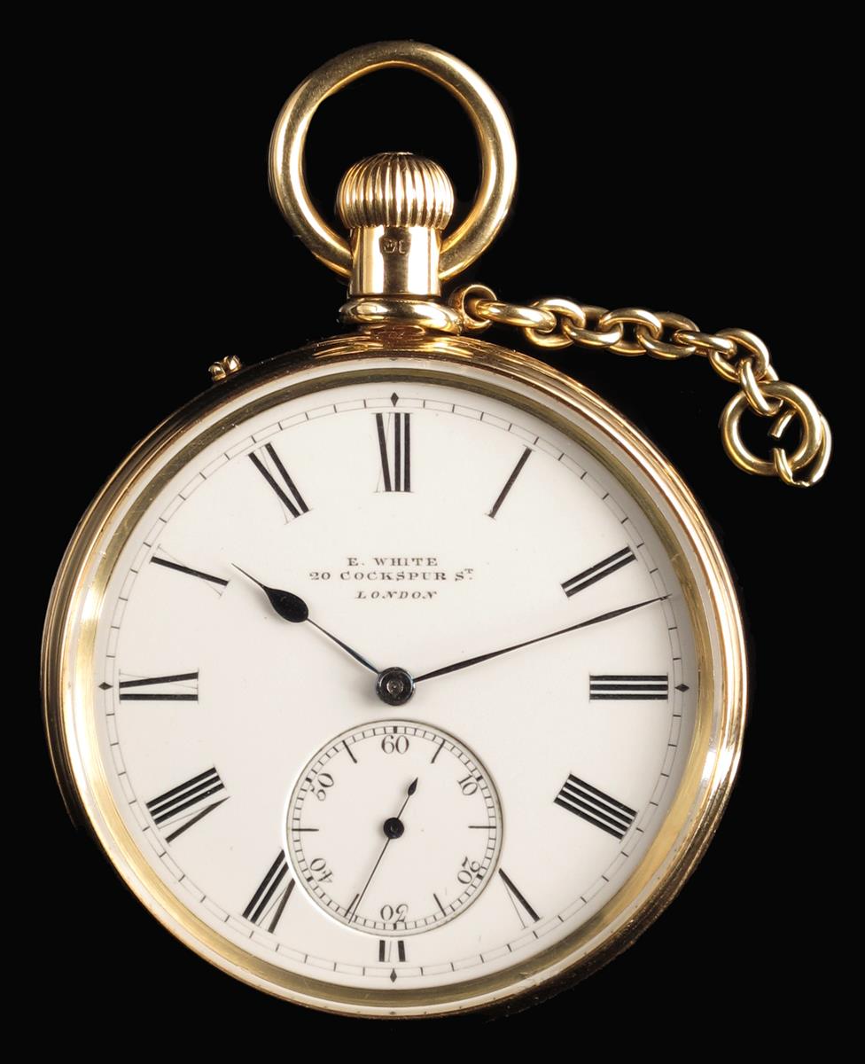 A good 18ct gold keyless lever watch, the white enamel dial and three quarter plate movement