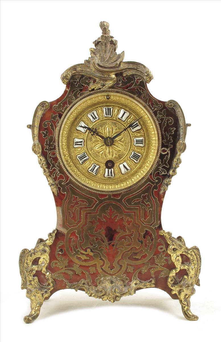 A French boulle mantel timepiece, unsigned drum movement embossed gilt dial with white enamel