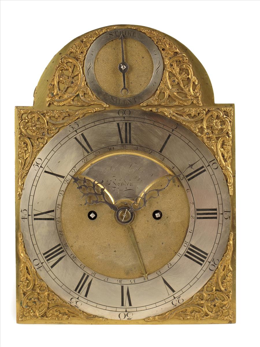 *A George III striking bracket clock movement, 8 inch arched brass dial signed John Taylor,