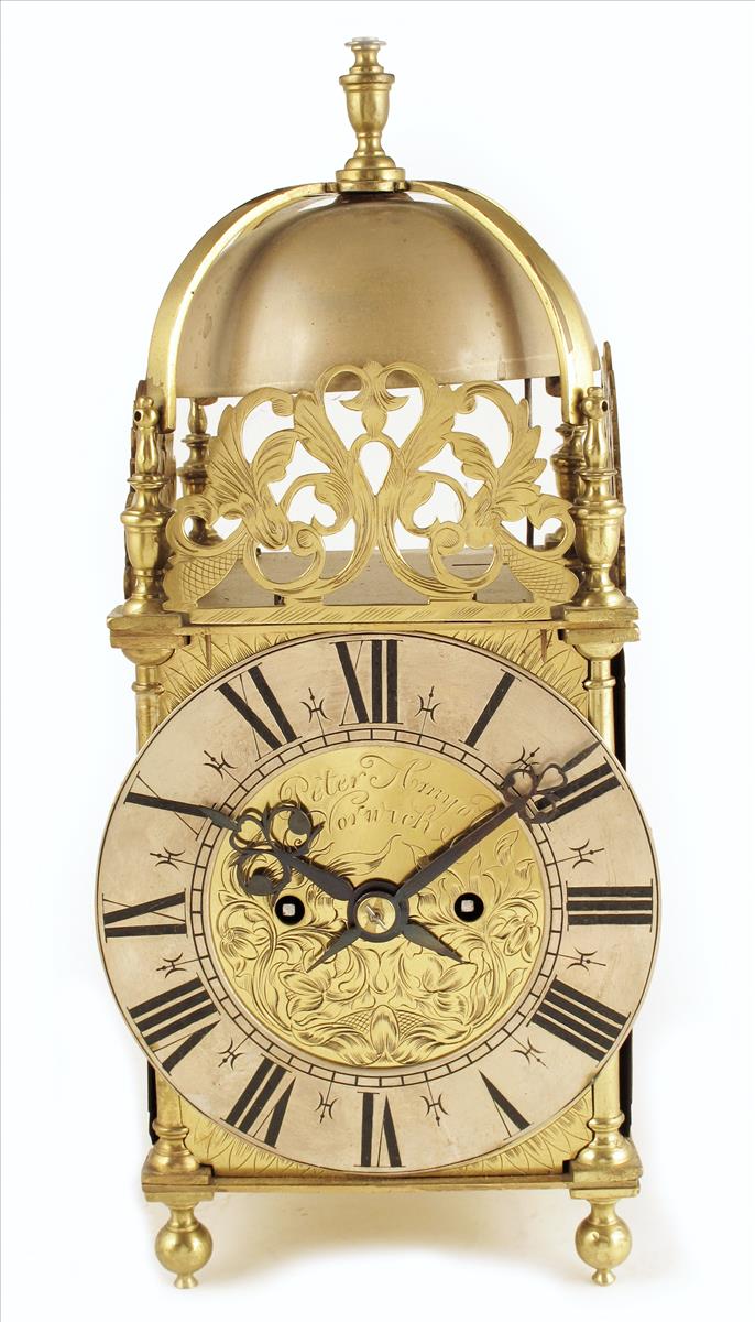 A Victorian striking lantern clock, dial signed Peter Amyot, Norwich in the engraved centre, two-