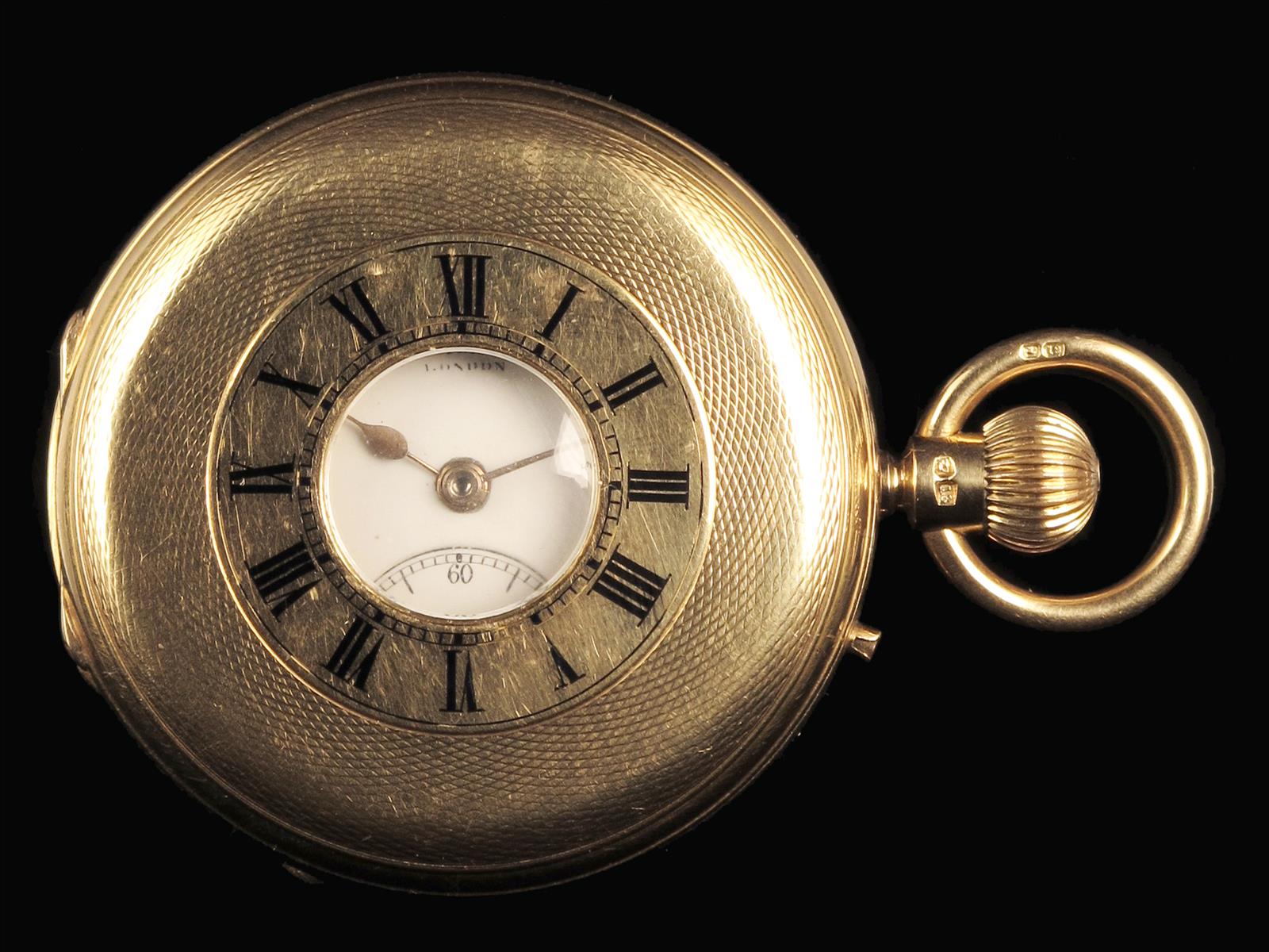 A good 18ct gold half hunting cased free-sprung keyless lever watch, three quarter plate movement