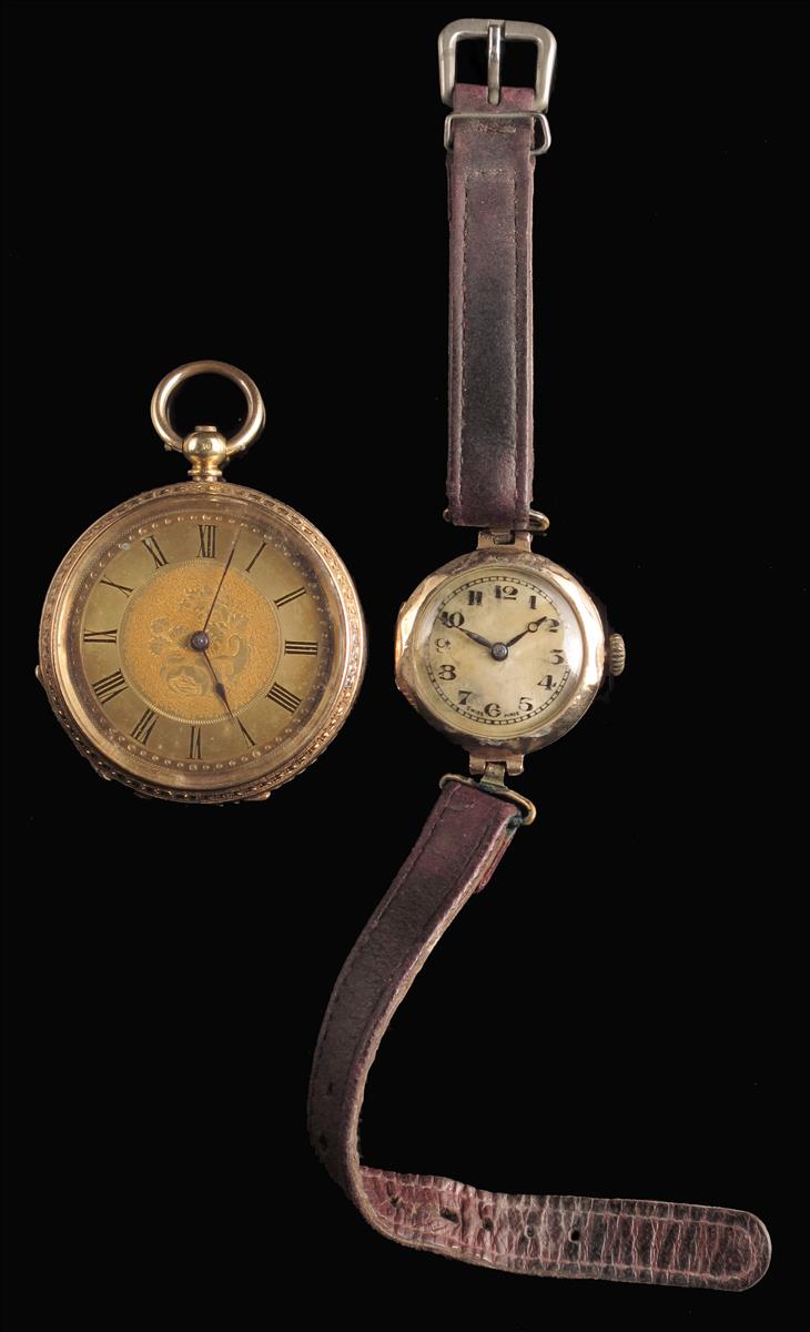 A Swiss 18k cylinder watch, gilt dial, in a florally engraved case, 40mm diameter, and a 9ct gold