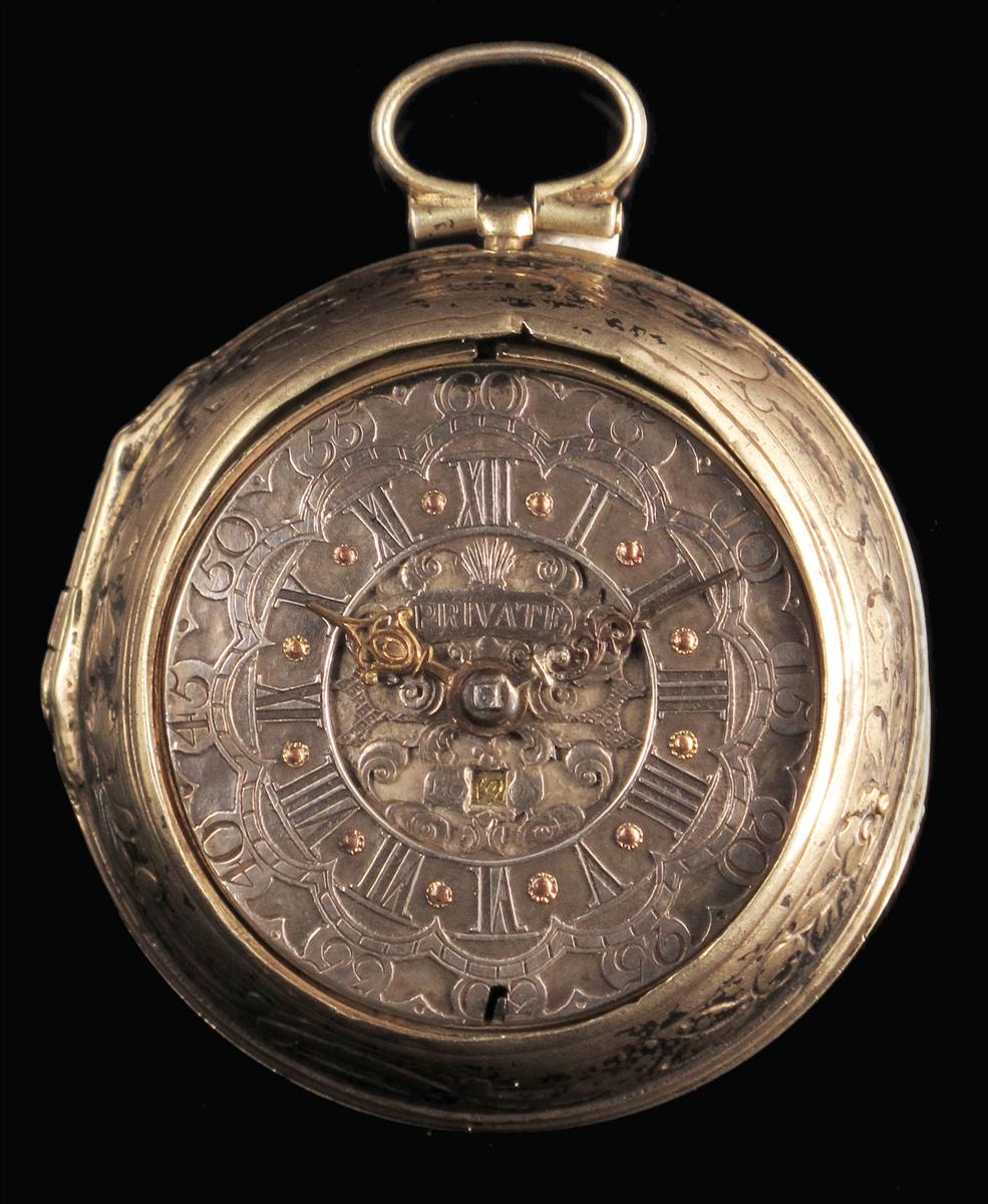 A silver gilt Repousse pair cased verge watch, signed Wm Private, London, no. 1504, bridge cock,