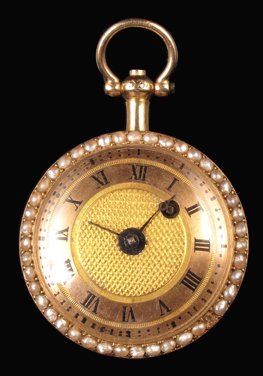 A fine miniature gold, enamel and seed pearl verge watch for the Chinese market, gold dial with