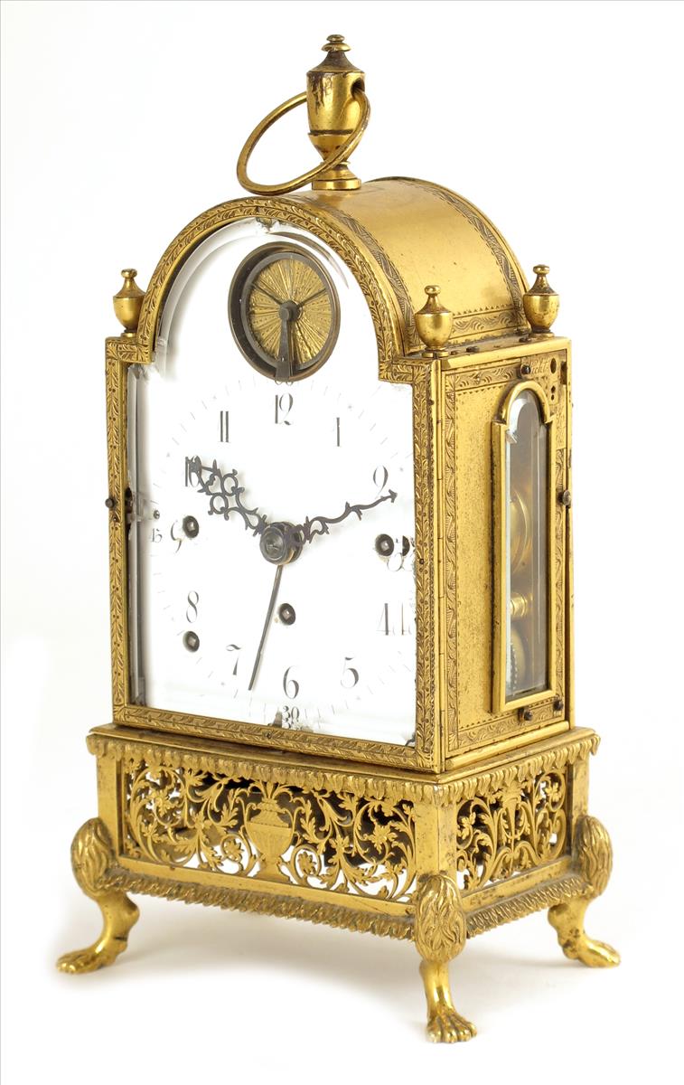 *A Viennese grande sonnerie mantel clock with alarum, 3½ inch white enamel dial with concentric