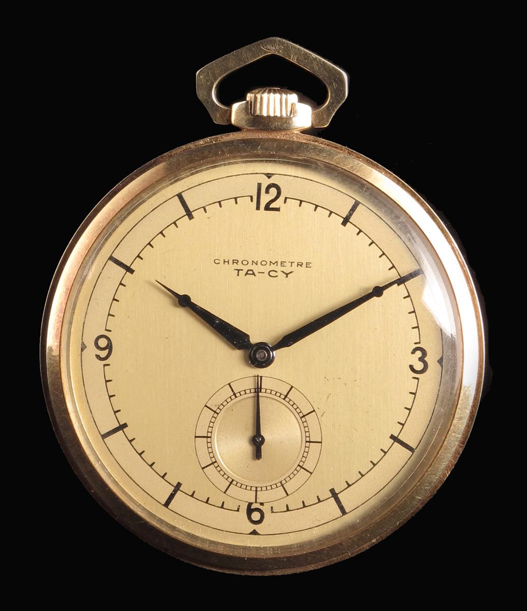 A Swiss 14ct gold keyless lever dress watch, champagne dial signed Chronometre Ta-Cy, damascened