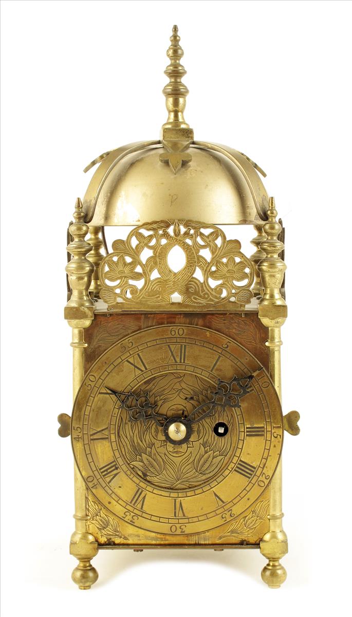 A reproduction lantern timepiece, single train fusee movement with one-at-the-hour strike, in a case