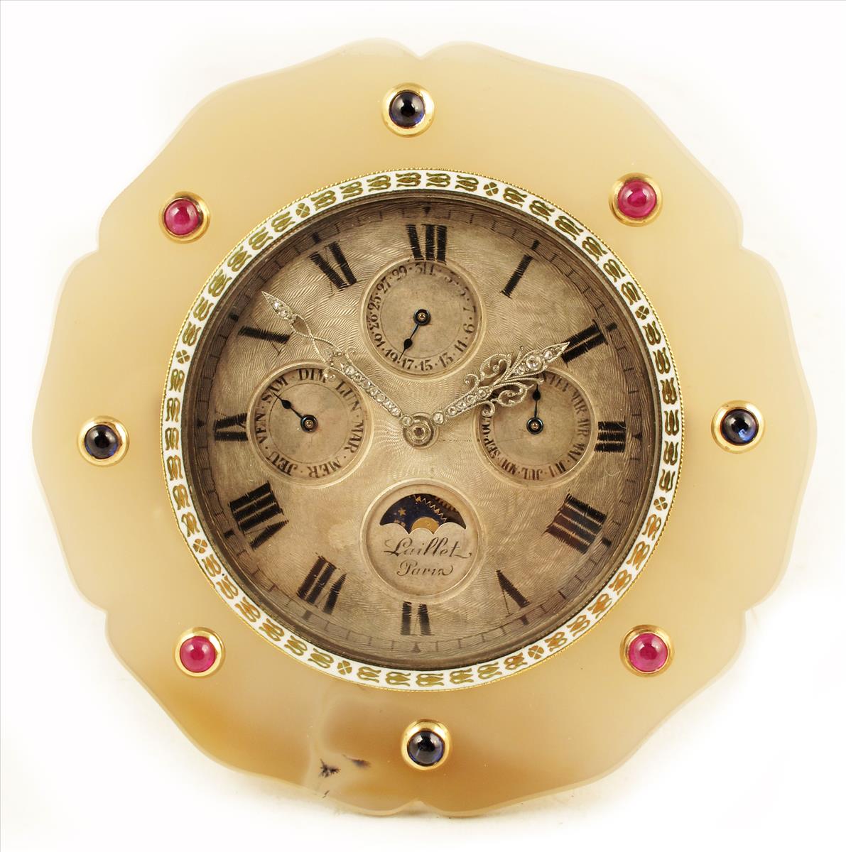 A good agate cased desk calendar timepiece, the machine turned silvered dial with subsidiaries for