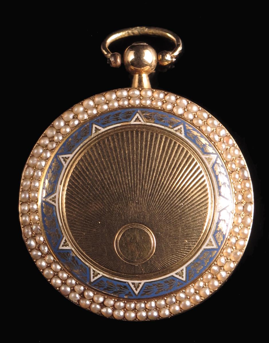 A continental gold and enamel hunting case verge watch, winding through the white enameld ial,