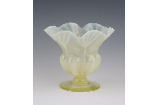 A John Walsh Walsh vaseline glass vase, floriform shape, internally decorated with veins, on flaring