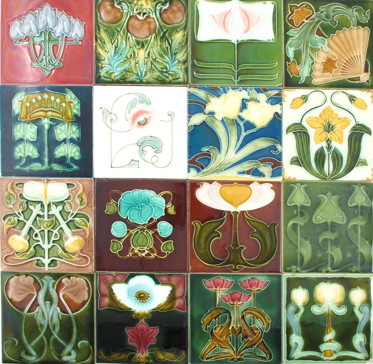 Eighteen various Art Nouveau tiles, each with floral design various marks, 15.5cm. square.
