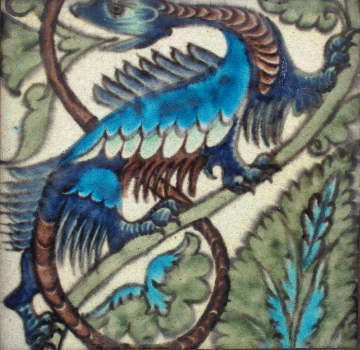 A William De Morgan Sand`s End Pottery tile, painted with a dragon-like creature in a Persian