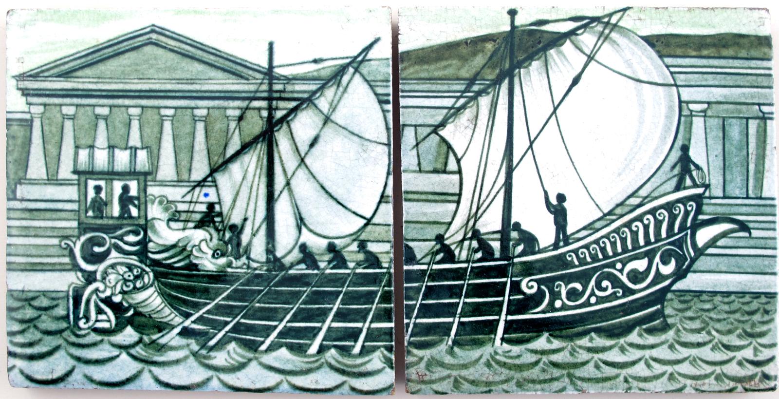 A William De Morgan two-tile Galleon panel, painted with a manned galleon rowing past a classical