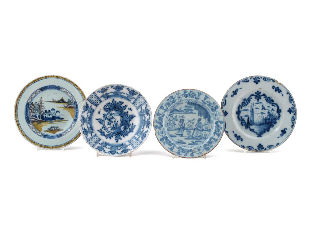 Four delftware plates 18th century, two decorated in blue with Chinese figures at various pursuits