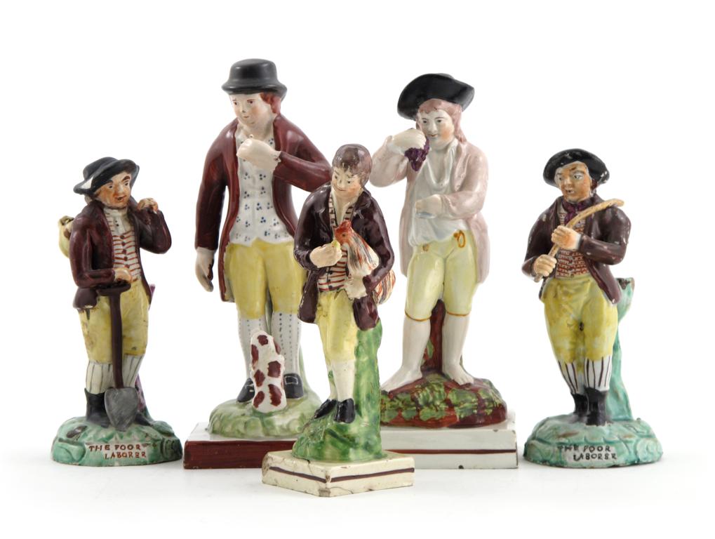 Five Staffordshire pearlware figures 1st half 19th century, two of The Poor Labourer, one of a man