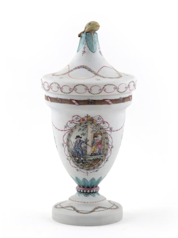 A large opaque glass vase and cover 19th century, well painted to two sides with scenes of