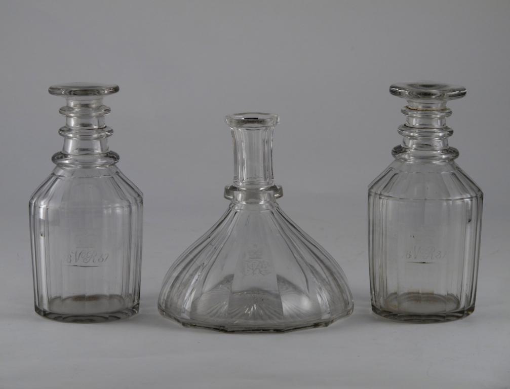 A pair of commemorative decanters for the coronation of Queen Victoria 19th century, the faceted