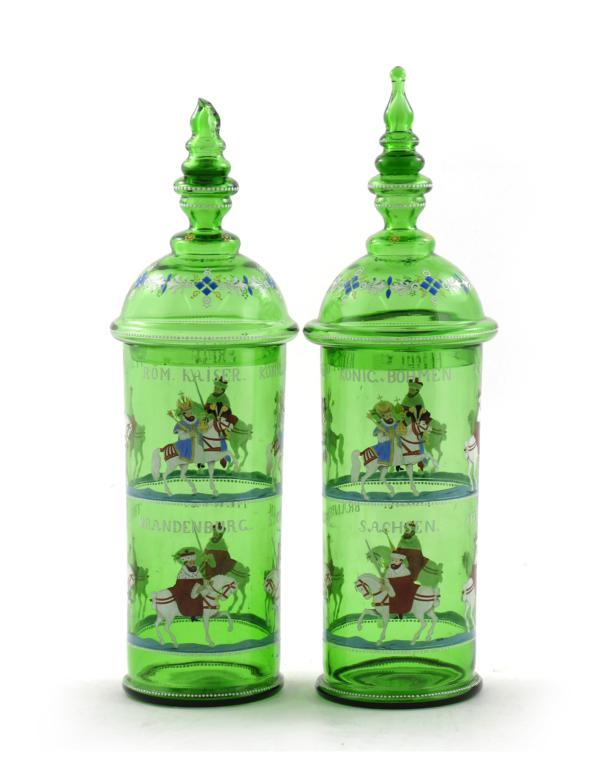 A pair of German green glass Kurfürstenhumpen 19th century, each enamelled with the Holy Roman