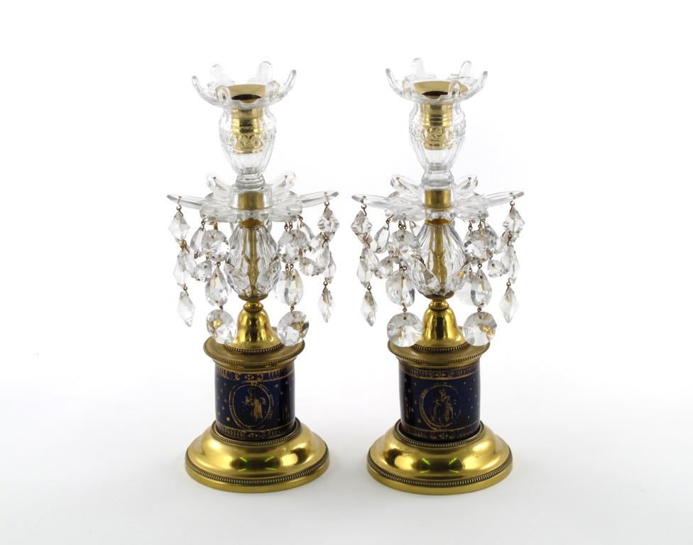 A good pair of glass table lustre candlesticks c.1790, ormolu-mounted, the bases with blue glass