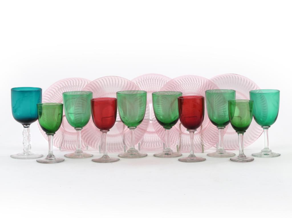 Various coloured glass 19th century and later, including five pink plates with dense ribbing,