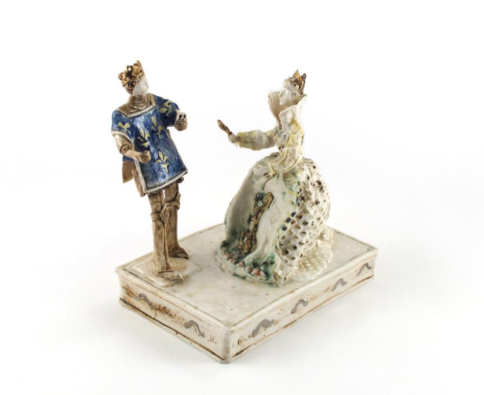 A Jackie Giron figural group modern, of the Queen of Hearts, berating her errant knave, the front of