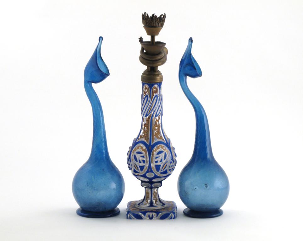 A pair of Kuttrolf or Angster bottles probably 19th century Persian, the blue bodies with a wide