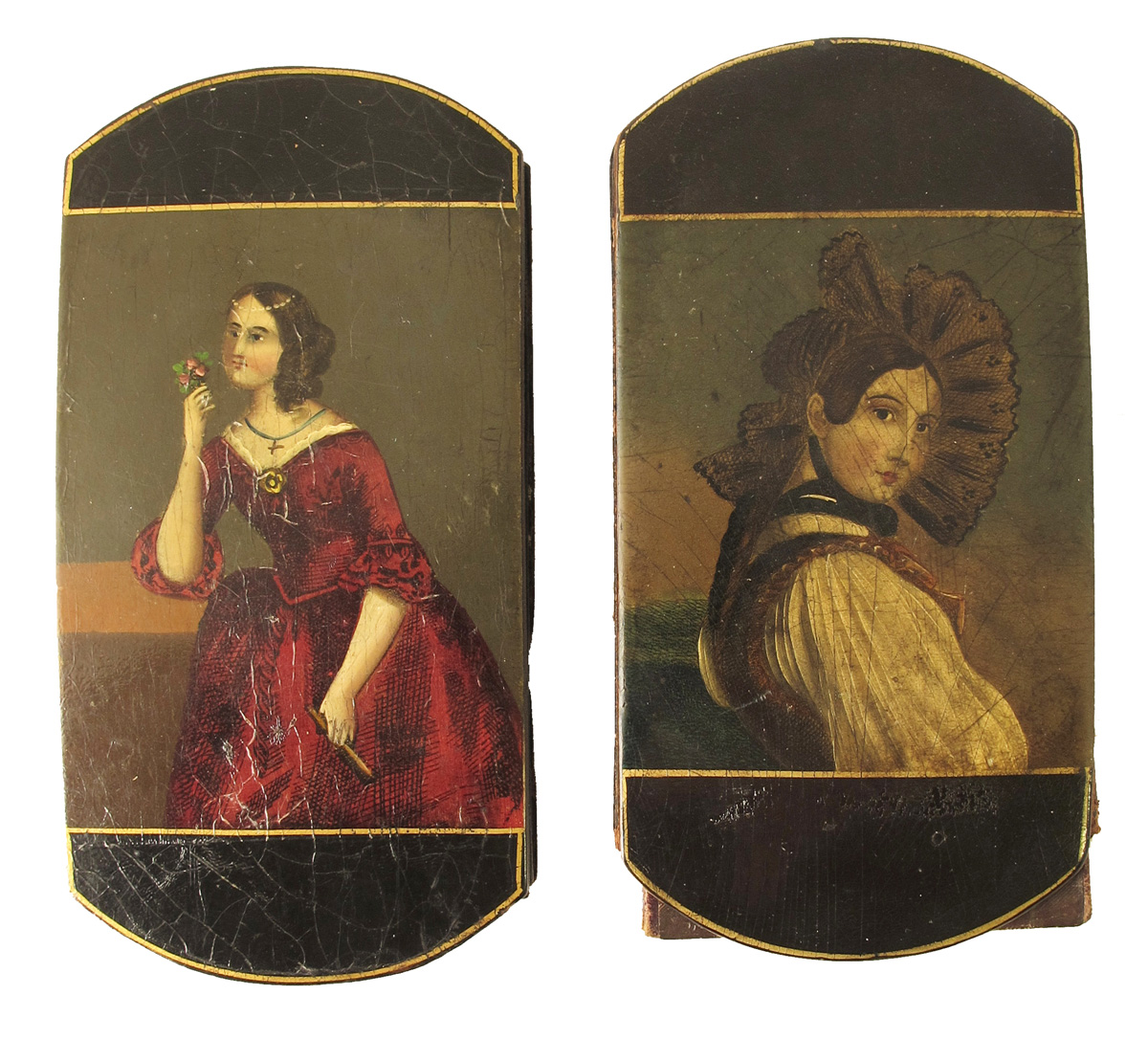 Two 19th century papier-mâché spectacle cases, each with a leather gusset, one painted with a lady
