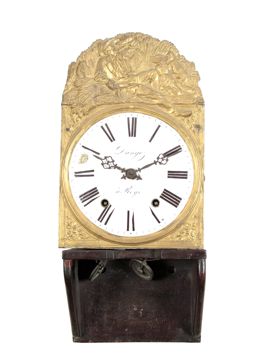 A Comptoise clock, the 8½ inch enamel dial (damaged) signed Dangez a Roye, the gilt surround