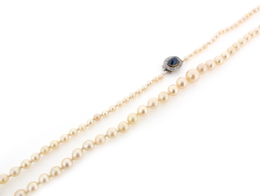 A single row graduated cultured pearl necklace, with a cabochon sapphire and diamond cluster clasp.