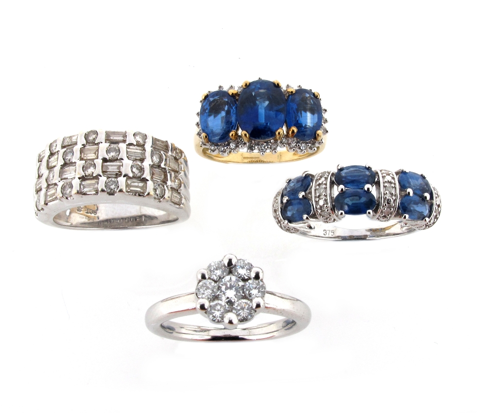 A sapphire and diamond set triple cluster ring, set in 9ct gold. Size L 1/2. A 9ct white gold ring