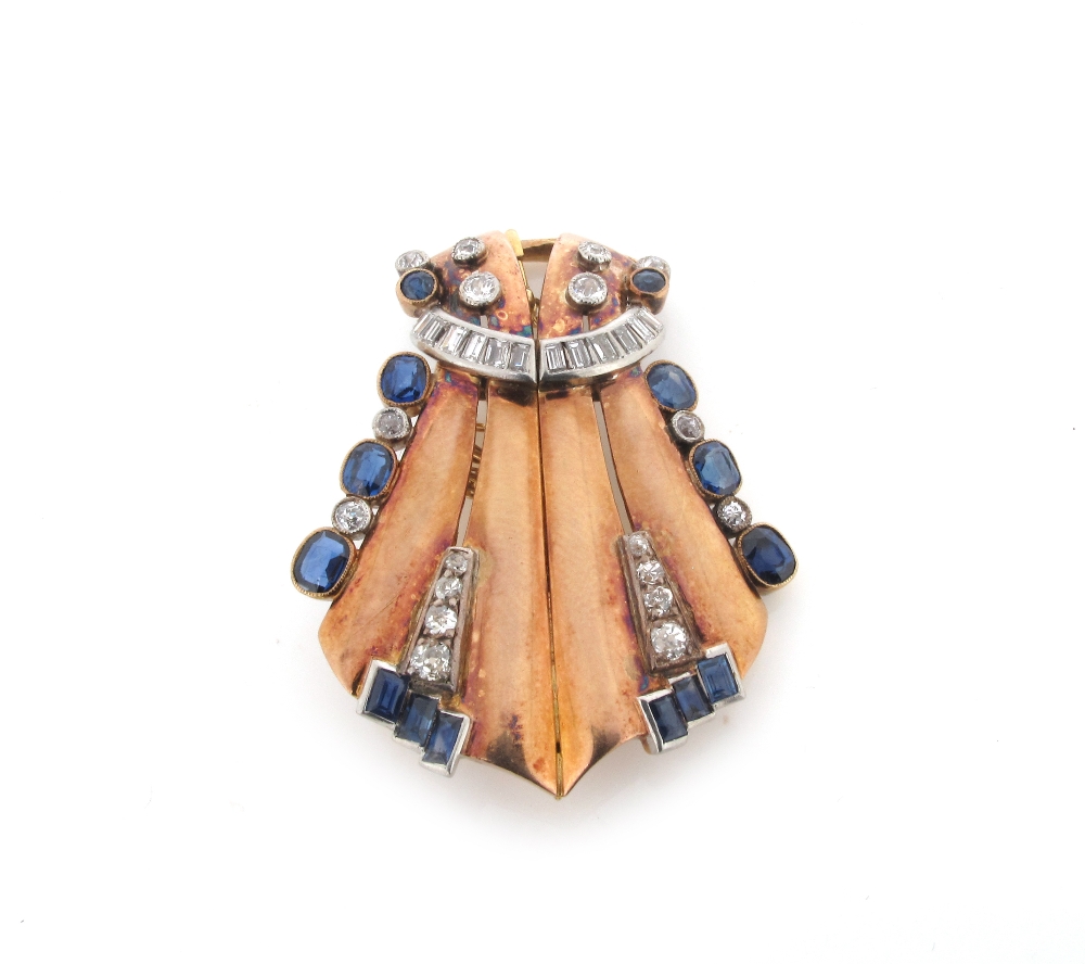 A 1940s gold brooch, set with sapphires and diamonds, 15g in total.