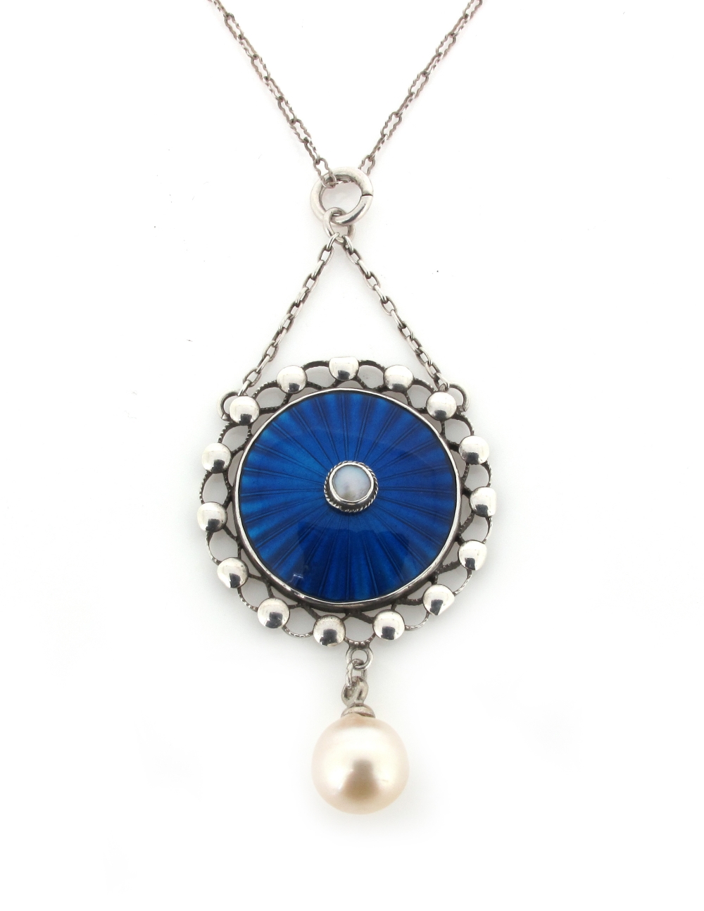 A silver pendant, with blue guillioche enamel decoration centred with a blister pearl and