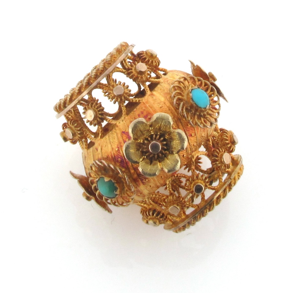 A Regency two colour gold barrel form slide, with cannetille decoration and set with turquoise