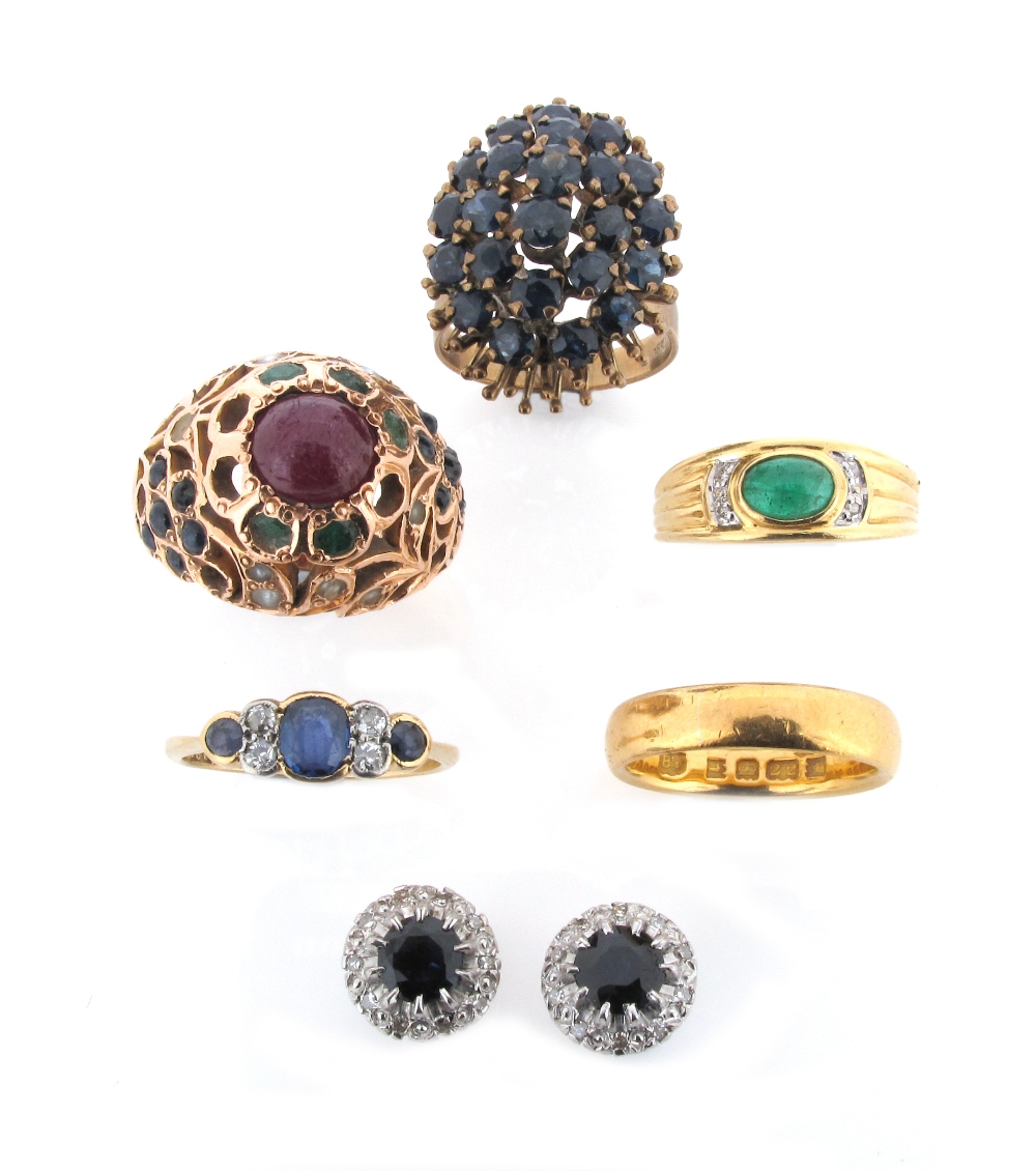 A pair of sapphire and diamond set cluster ear studs, a gold ring set with a cabochon emerald and