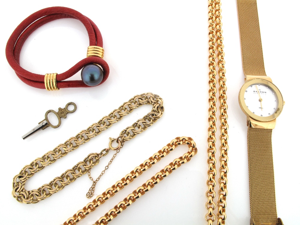 A 9ct gold bracelet, two gilt metal neck chains, a wristwatch and a black South Sea pearl set