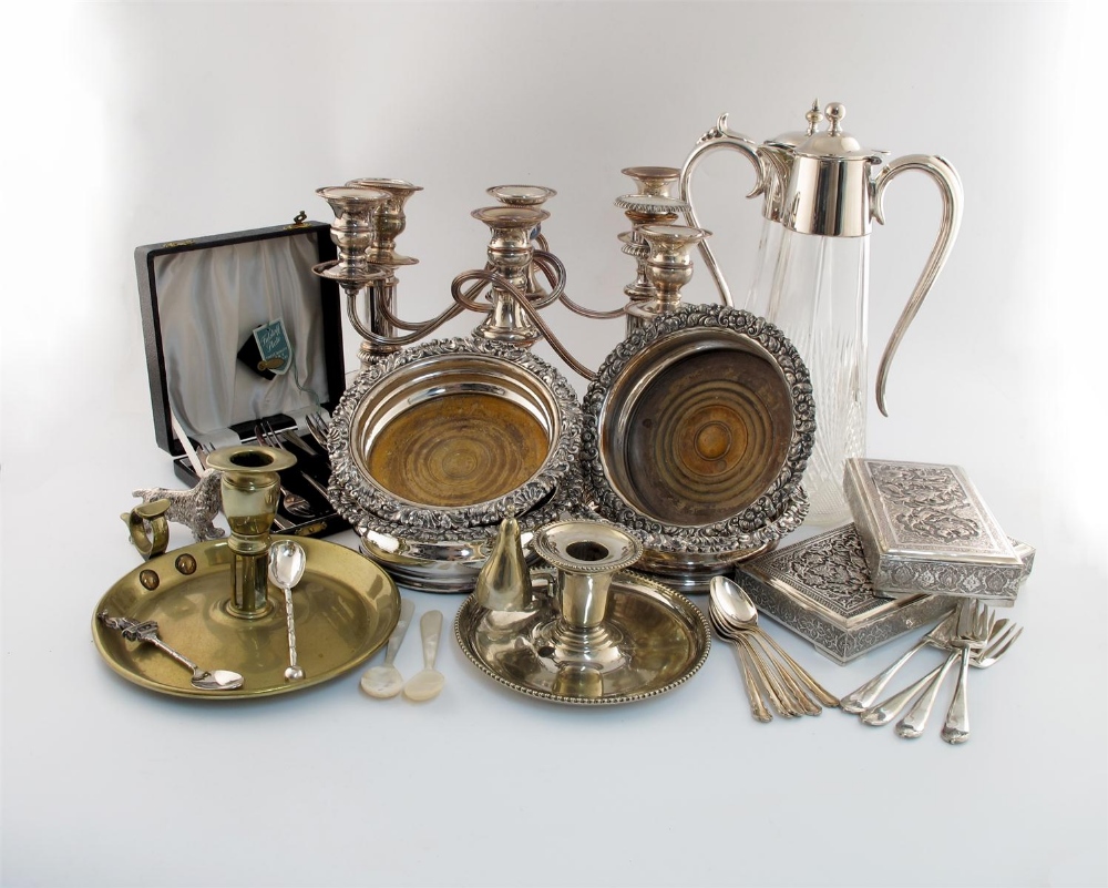 A mixed lot, comprising old Sheffield plated items: a set of four wine coasters of circular form,