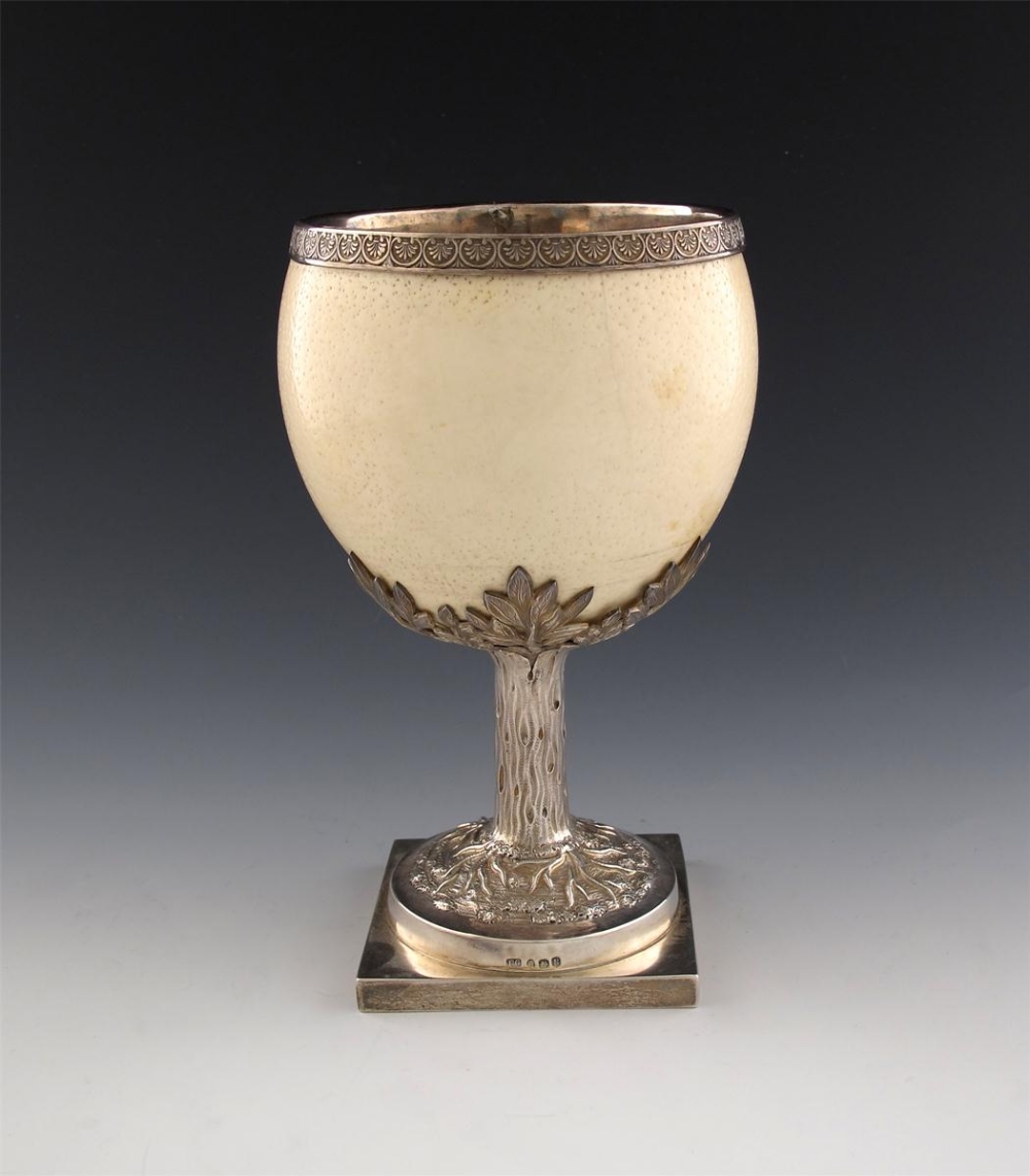 A George III silver mounted ostrich egg goblet, by Peter Carter, London 1810, the egg with a silver