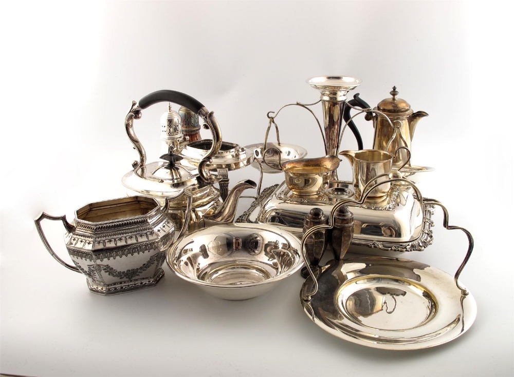 A mixed lot of electroplated items, comprising: a four-piece tea and coffee set, a kettle on stand,