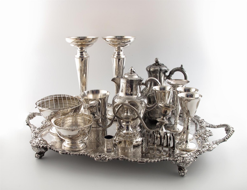 A mixed lot, comprising silver items: a pair of large silver vases, by Charles Boyton and Sons,