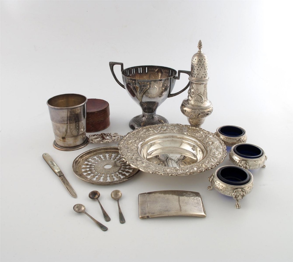 A mixed lot of silver items, various dates and makers, comprising: a George III silver sugar