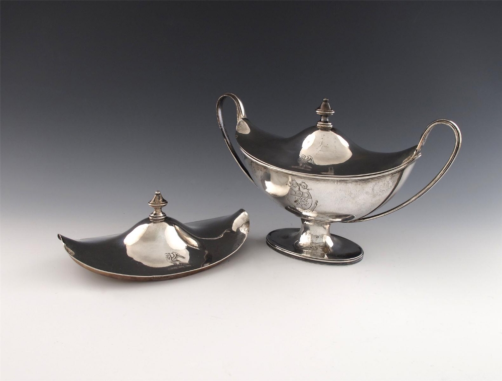 A George III silver two-handled sauce tureen and cover, by John Robins, London 1787, oval form,