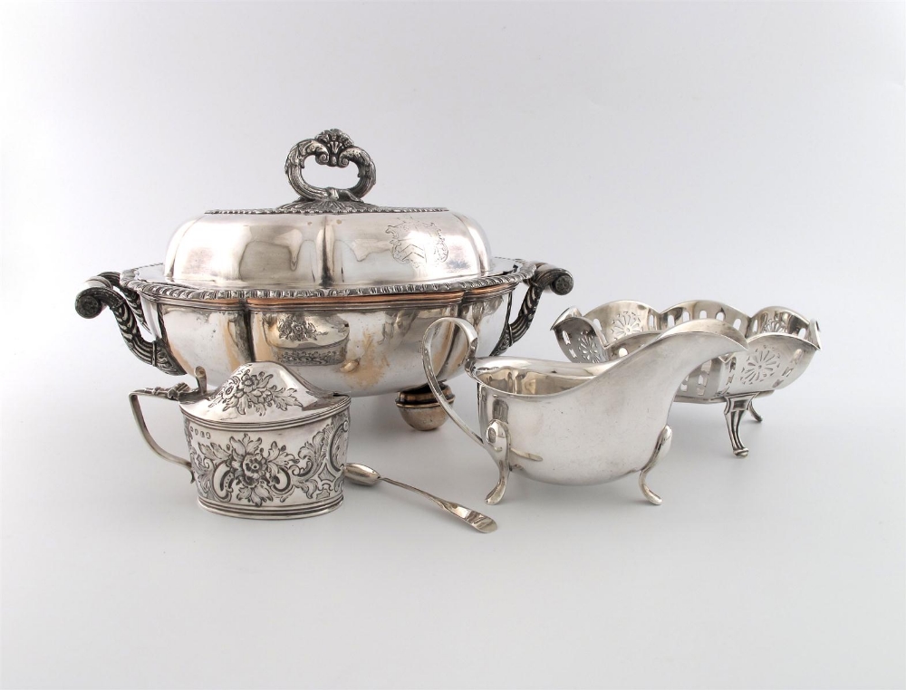A mixed lot, comprising silver items: a George III mustard pot, London 1806, oval form, later