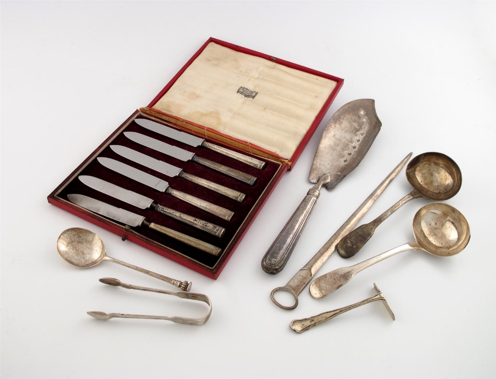 A mixed lot of silver flatware, comprising: a George III meat skewer, by Eley and Fearn, London