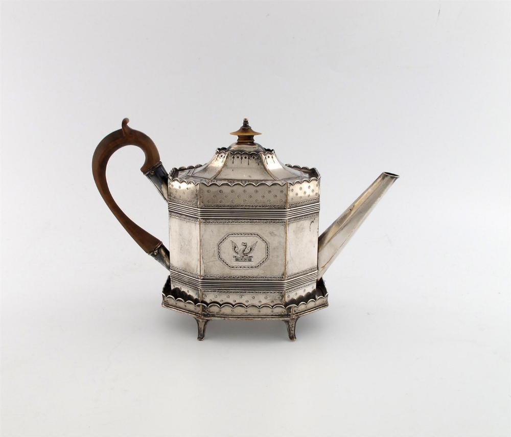 A George III old Sheffield plated teapot and stand, unmarked circa 1790, rectangular form, canted