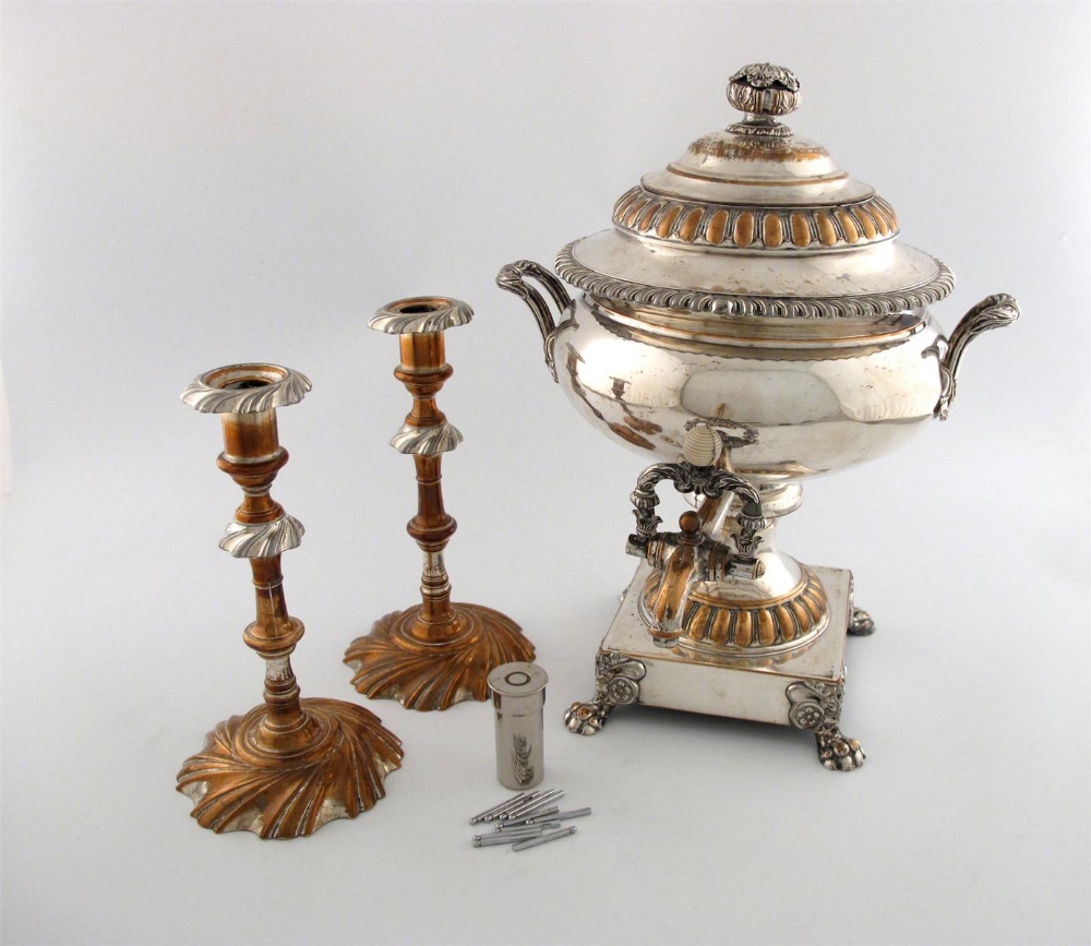 A mixed lot, comprising: an old Sheffield plated tea urn, circular bellied form, foliate scroll