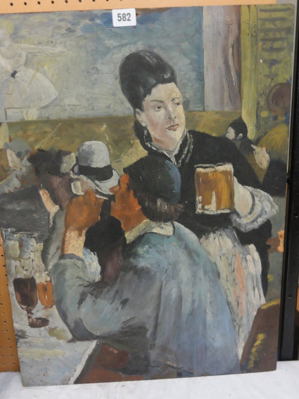A double sided oil painting on board, one side showing a French impressionist style scene with